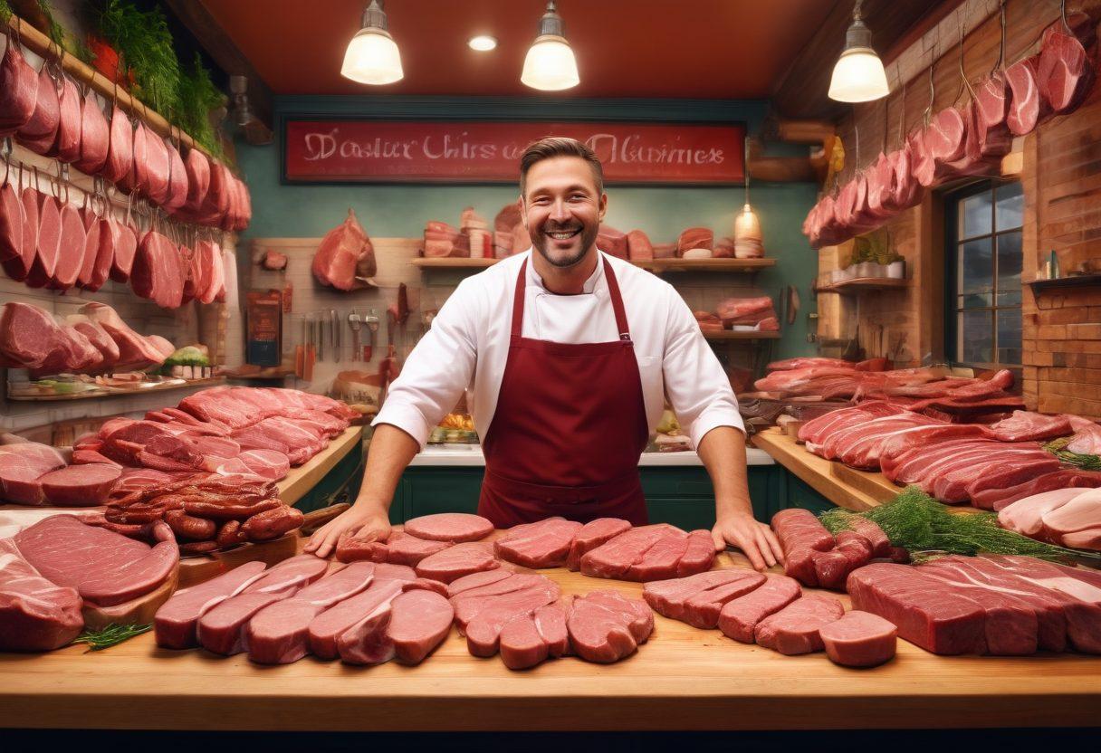 A joyous butcher expertly showcasing premium meat cuts, surrounded by vibrant displays of steaks, ribs, and sausages. Include a whimsical touch with a smiling face on the butcher, bright butcher shop interior, and fresh herbs decorating the scene. The background should feature hanging meat cuts and traditional butcher tools. super-realistic. warm colors. vibrant atmosphere.