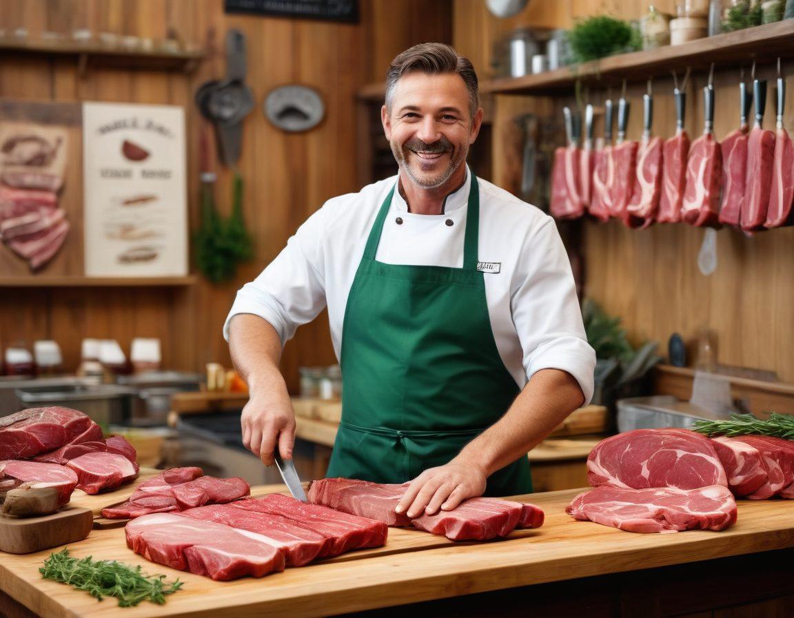 A cheerful artisan butcher in a vibrant, well-lit shop, expertly showcasing a variety of premium meat cuts on a wooden display. Colorful herbs and spices surround the cuts, enhancing the fresh appearance. The butcher, wearing a friendly smile and a classic apron, uses a large knife to highlight a beautifully marbled steak. The background features vintage butcher tools and charming decor that convey the art of butchery. super-realistic. vibrant colors. 3D.