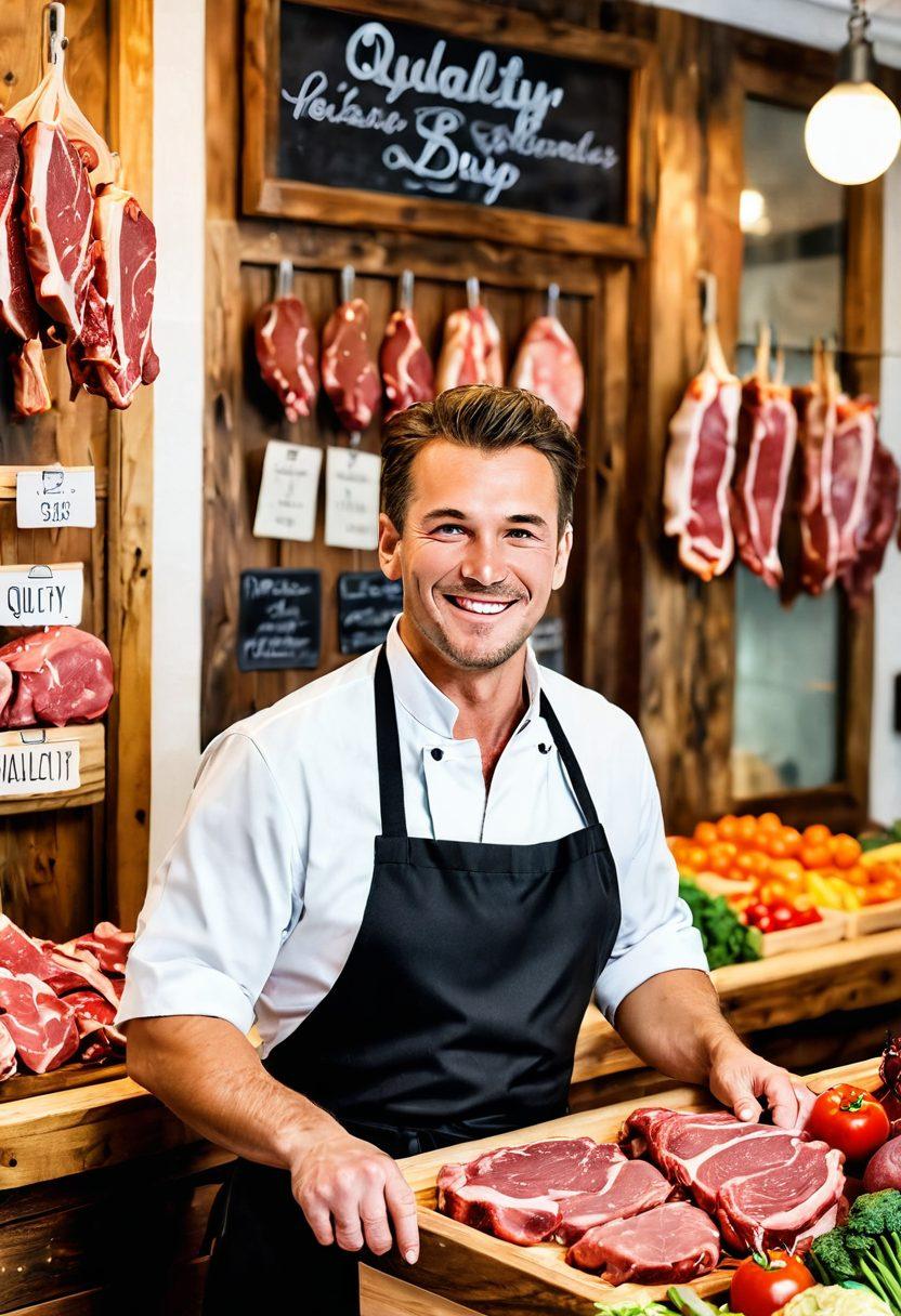 A cheerful butcher standing in a vibrant, well-lit shop, showcasing an array of high-quality meat cuts, framed by colorful fresh produce and smiling customers. Emphasize the warm, inviting atmosphere with bright lights and rustic wooden accents. Include a small signboard reading 'Quality Cuts with a Smile'. super-realistic. vibrant colors. white background.